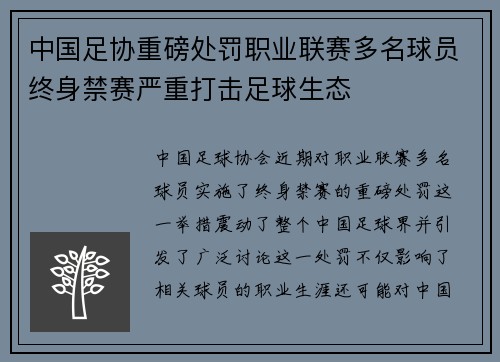 中国足协重磅处罚职业联赛多名球员终身禁赛严重打击足球生态